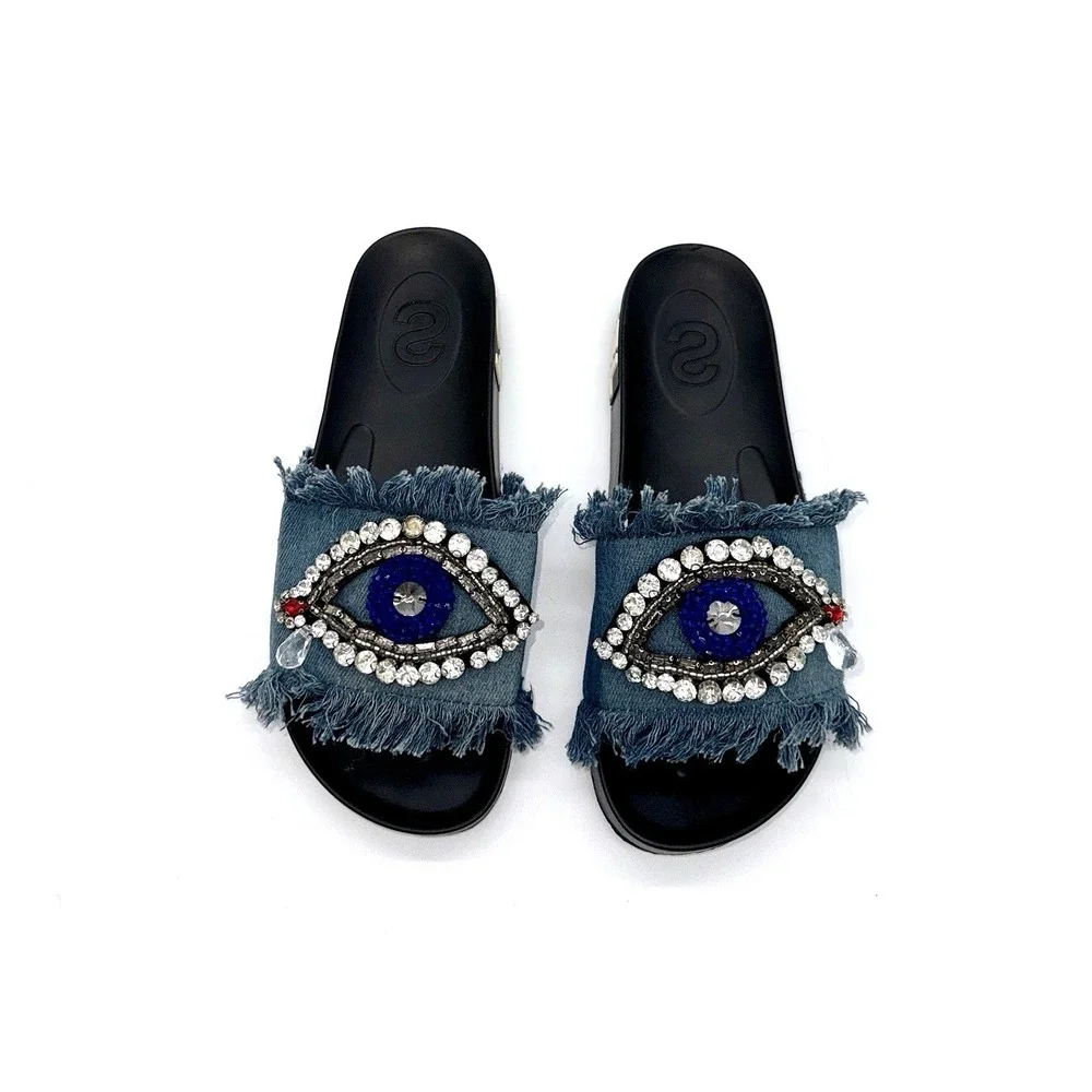 Evil Eye Crystals Rhinestones Beads Blue‎ Denim Fringe Sandals Slides Sz 9